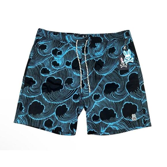 NWT Psycho Bunny Swimsuit Mens 3XL Thames Swim Shorts‎ Blue Ocean Waves Trunks